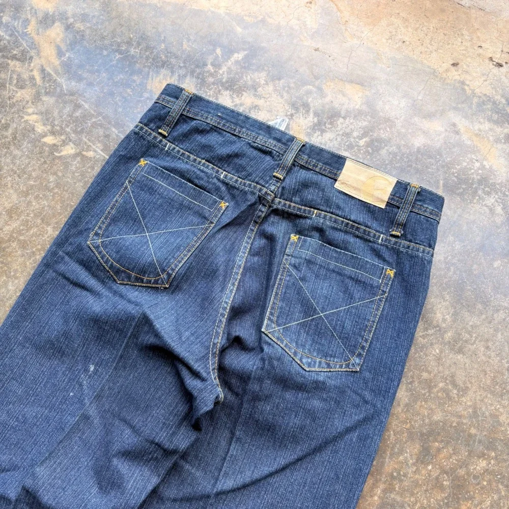 Existo Mens 32 Baggy Wide Leg Jeans Dark Wash Gold Crest Embroidered Y2K Blue‎